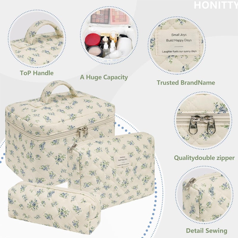 honitty Makeup Bag,Quilted Cosmetic Bags,Large Floral Make Up Organize bag,Makeup Bag Set for Women,Flower Travel Toiletry Bag - Image 3